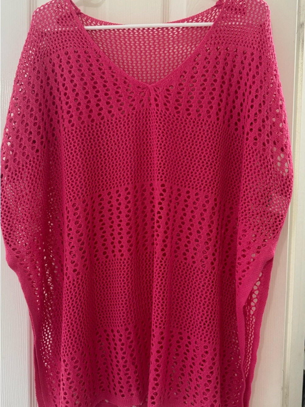 SHEIN Hot Pink Open Knit V-Neck Swim Coverup